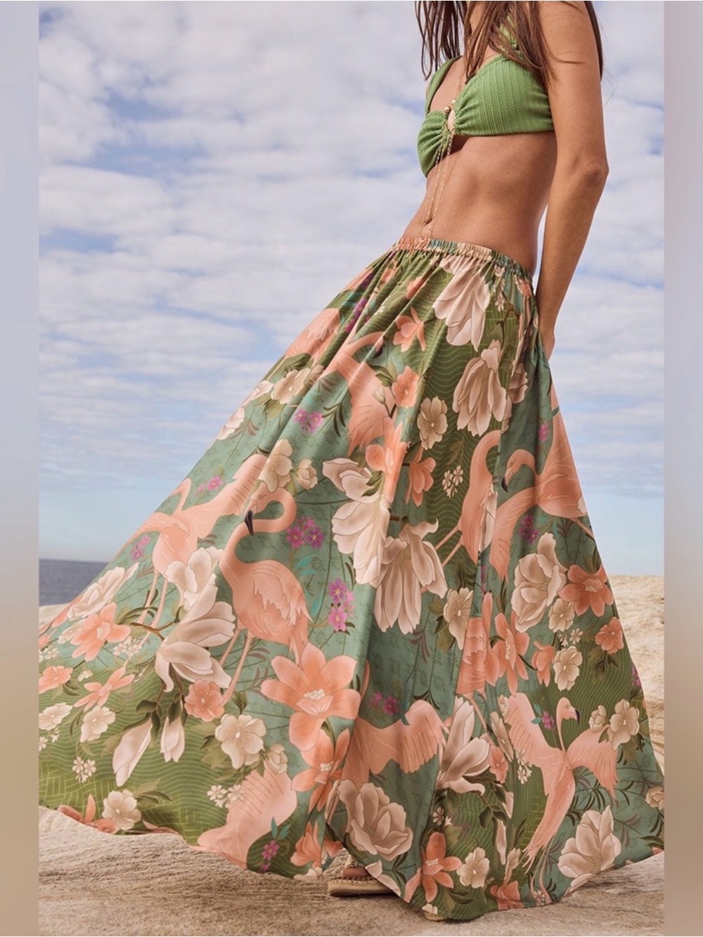 Spell Floridian Maxi Skirt Flamingos Floral Pink Green Small